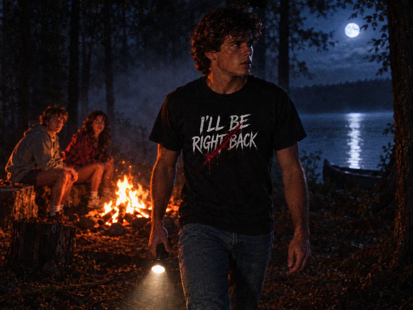 A man in the I'll Be Right Back tee walking away from a lakeside campfire with a flashlight