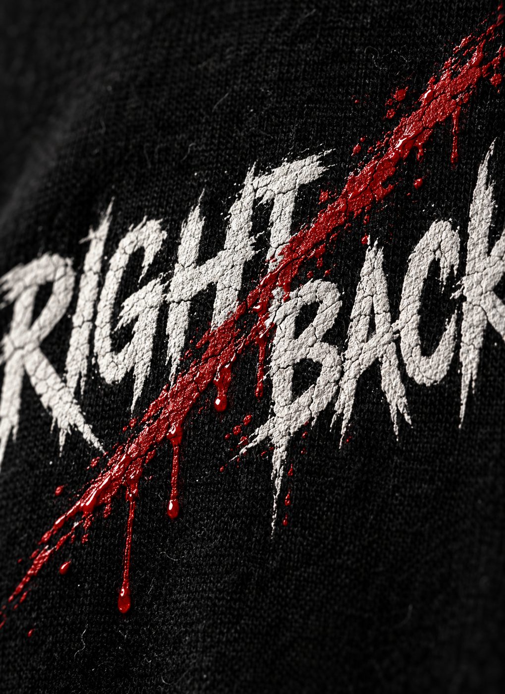 Close-up of the cracked screen print and red slash